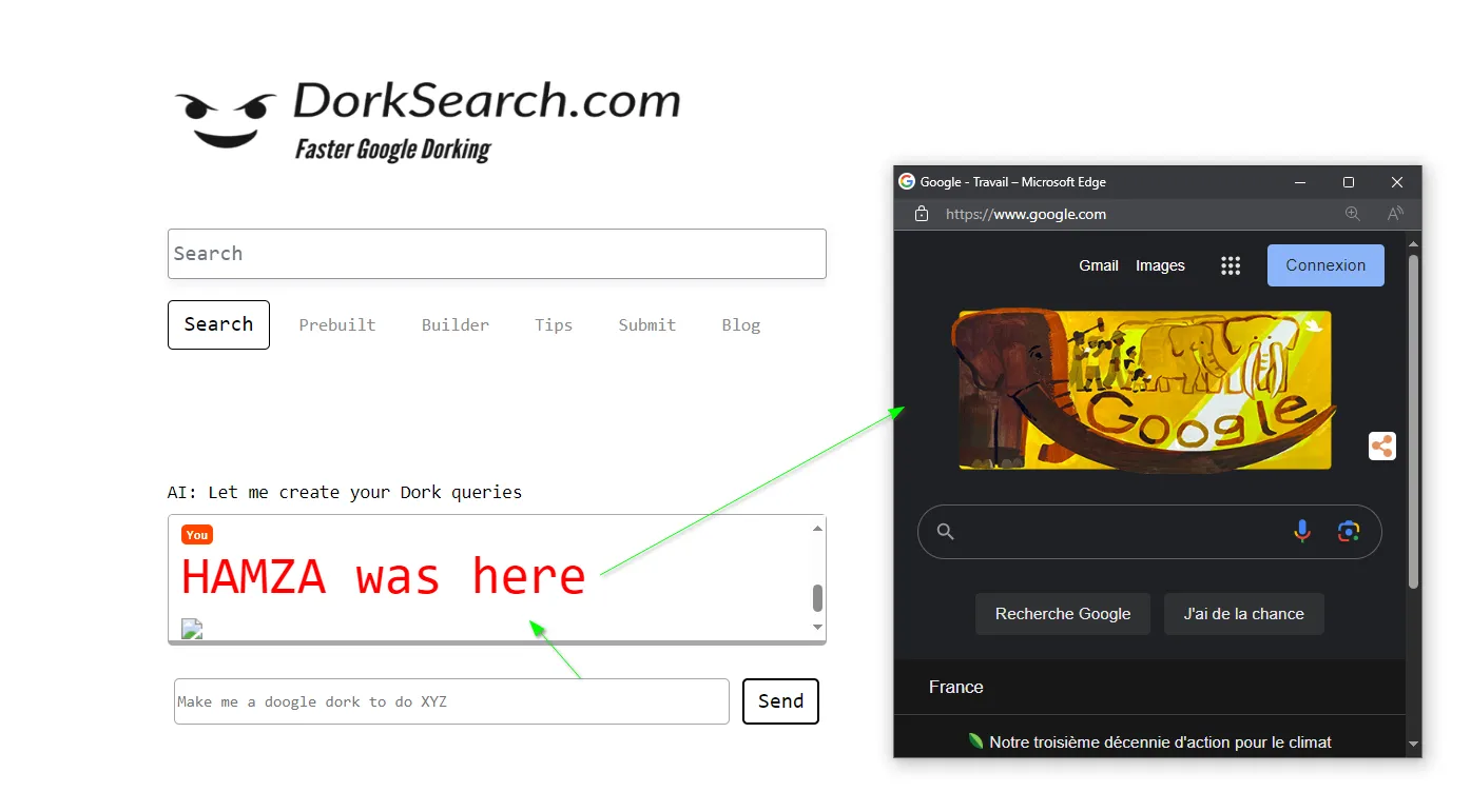 PoC XSS sur Dorksearch : le payload s’exécute (defacement injecté) et ouvre une fenêtre vers une page externe.